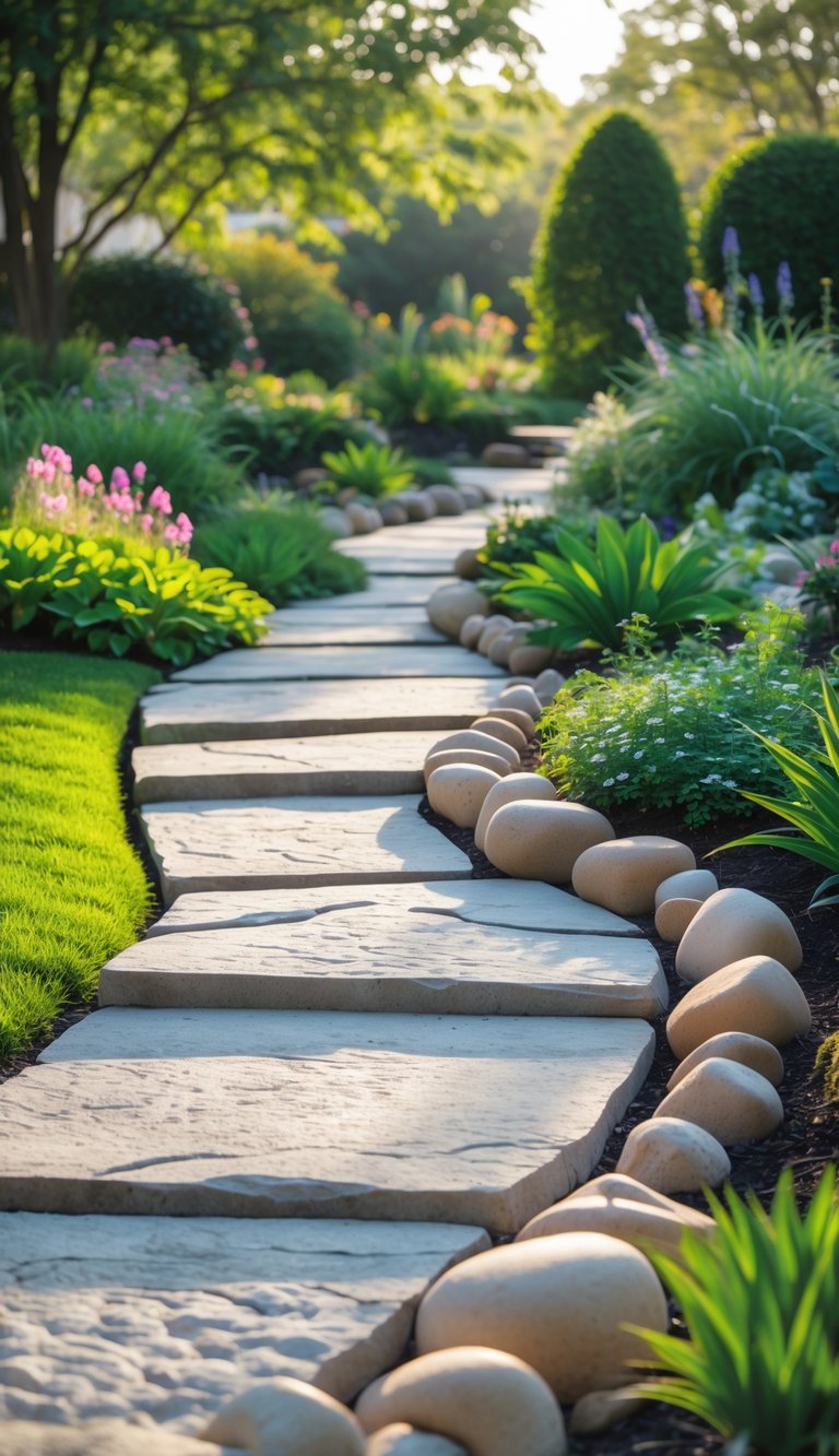 A garden pathway bordered by smooth river rocks, winding through green grass and colorful flowers under soft sunlight.